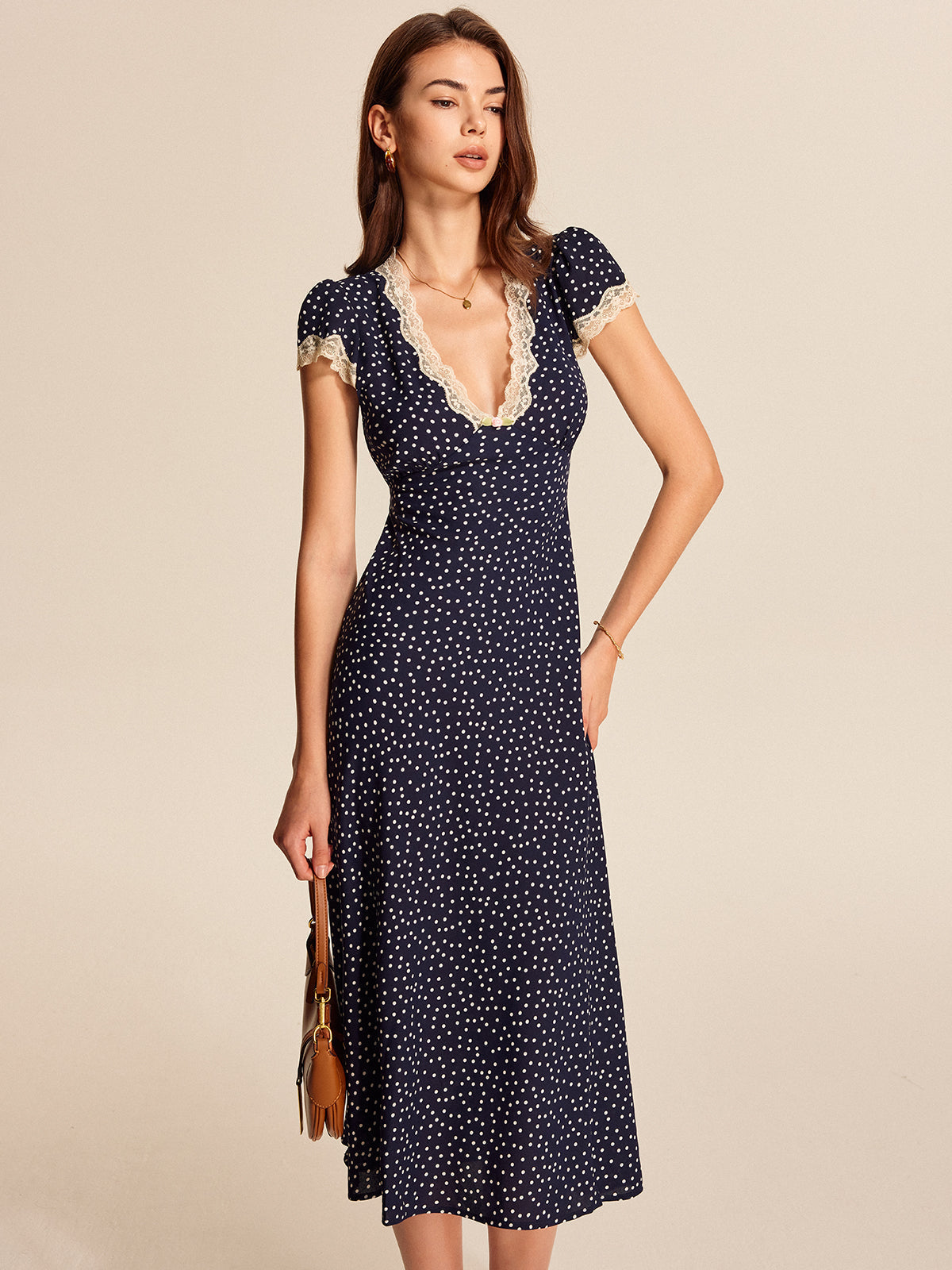 Women's V-Neck Cap Sleeve Midi Dress Polka Dot Lace Trim