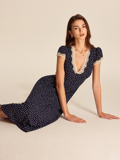Women's V-Neck Cap Sleeve Midi Dress Polka Dot Lace Trim