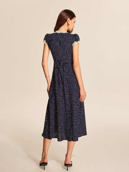 Women's V-Neck Cap Sleeve Midi Dress Polka Dot Lace Trim