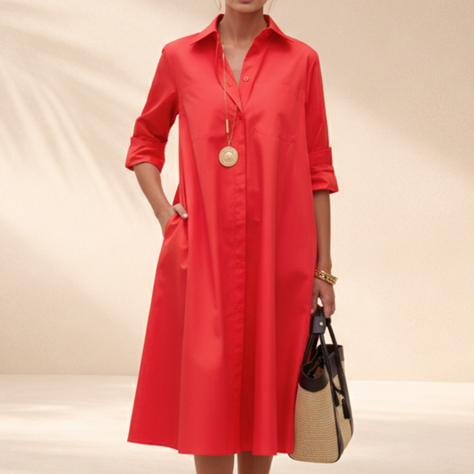 Women's A-Line Midi Dress Collared Cotton Shirt Style - Fashinoza