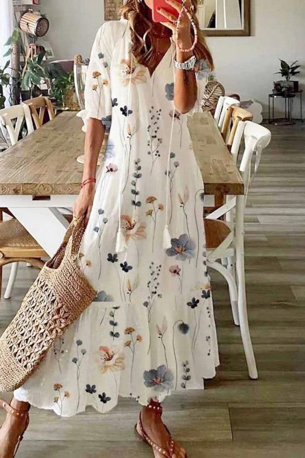 Women's Floral Maxi Dress V-Neck Tassel Boho Style - Fashinoza