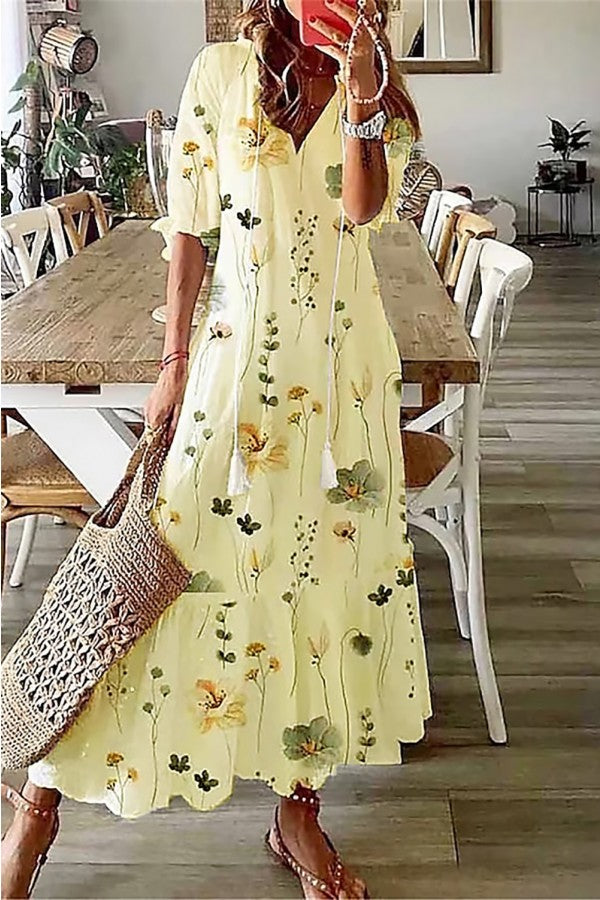 Women's Floral Maxi Dress V-Neck Tassel Boho Style