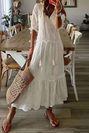 Women's Floral Maxi Dress V-Neck Tassel Boho Style
