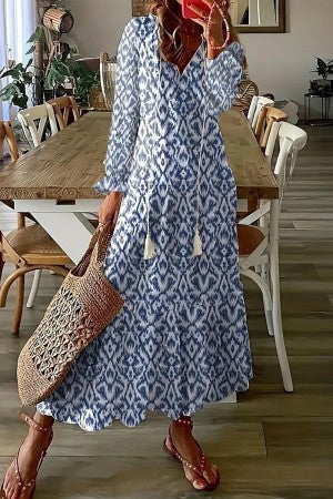 Women's Floral Maxi Dress V-Neck Tassel Boho Style