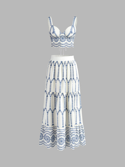 Women's Embroidered Crop And Maxi Skirt Set - Fashinoza