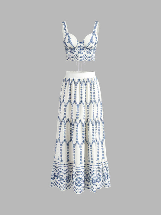 Women's Embroidered Crop And Maxi Skirt Set - Fashinoza