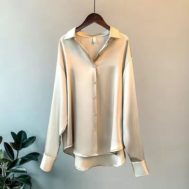 Women's Satin Long Sleeve Blouse Classic Collar - Fashinoza
