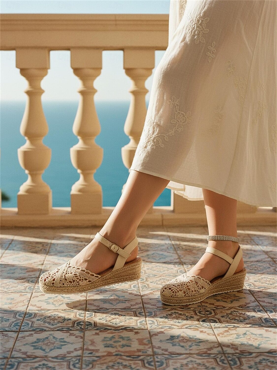 Wedge Espadrille Sandals Crochet Adjustable Ankle Strap - 
Fashinoza