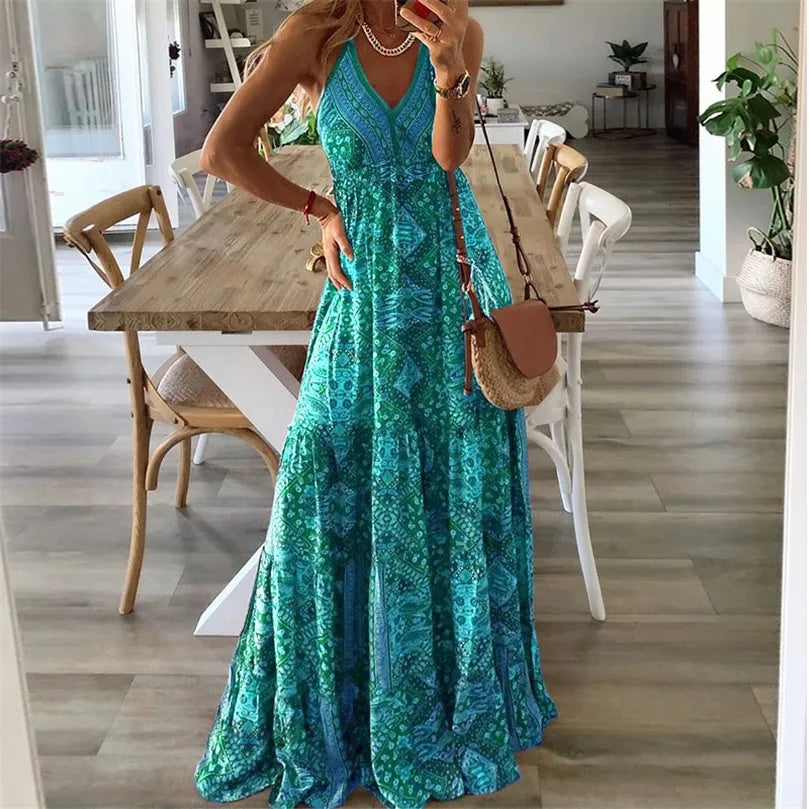Women's V Neck Maxi Dress Flowy Boho Style - Fashinoza