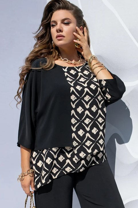 Image of Rachel | Women's Plus Size Abstract Print Colorblock Blouse