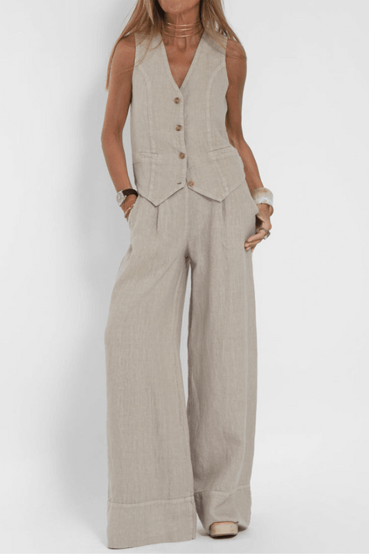 Women's Button Down Vest Pants Set - Fashinoza