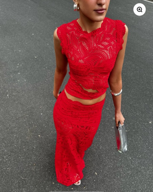 Women's Lace Sleeveless Two Piece Set - Fashinoza