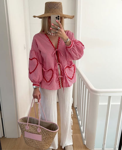 Gabriella | Women Spring Gingham Tie Front Blouse