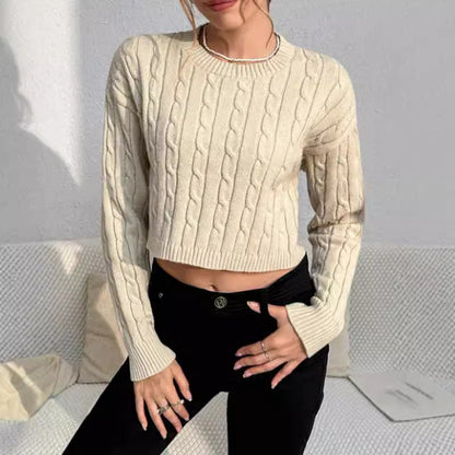 Women's Cropped Cable Knit Sweater - Fashinoza