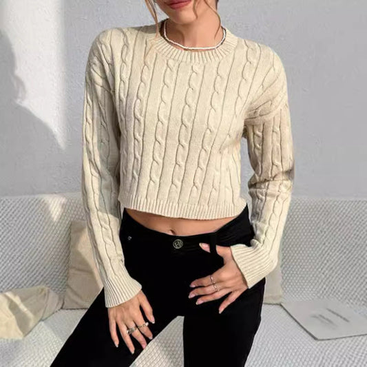 Women's Cropped Cable Knit Sweater - Fashinoza