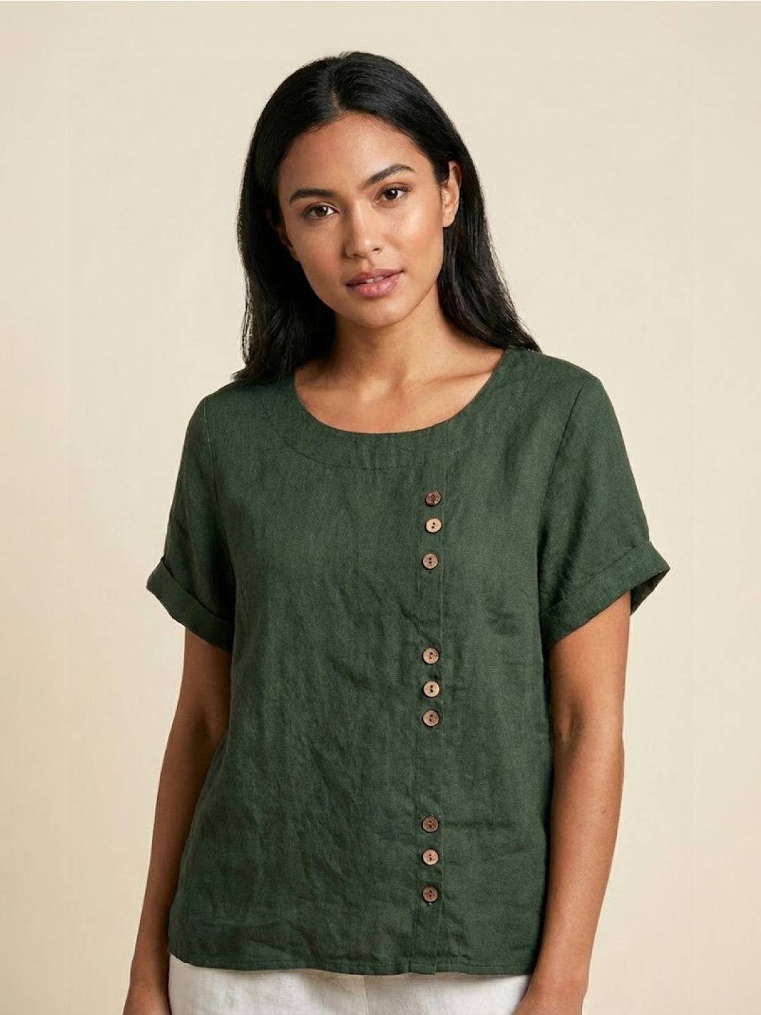 Women's Short Sleeve Scoop Neck Cotton Casual Beige - Fashinoza