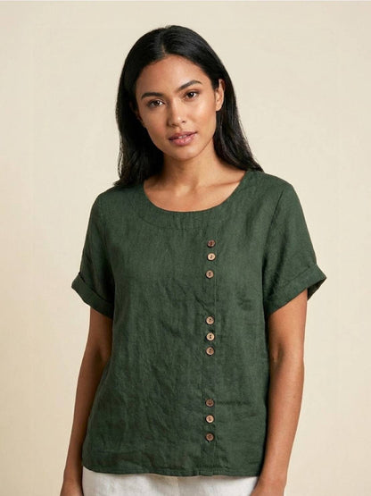 Women's Short Sleeve Scoop Neck Cotton Casual Beige - Fashinoza