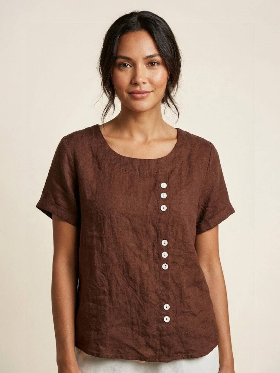Women's Short Sleeve Scoop Neck Cotton Casual Beige