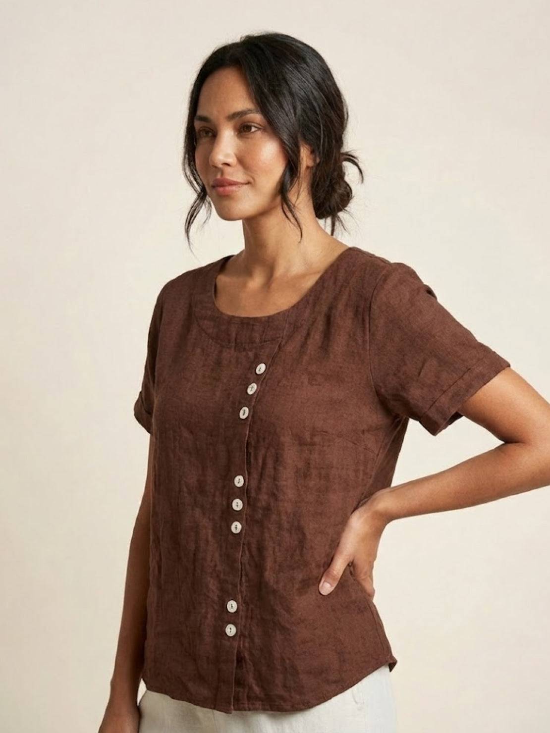 Women's Short Sleeve Scoop Neck Cotton Casual Beige