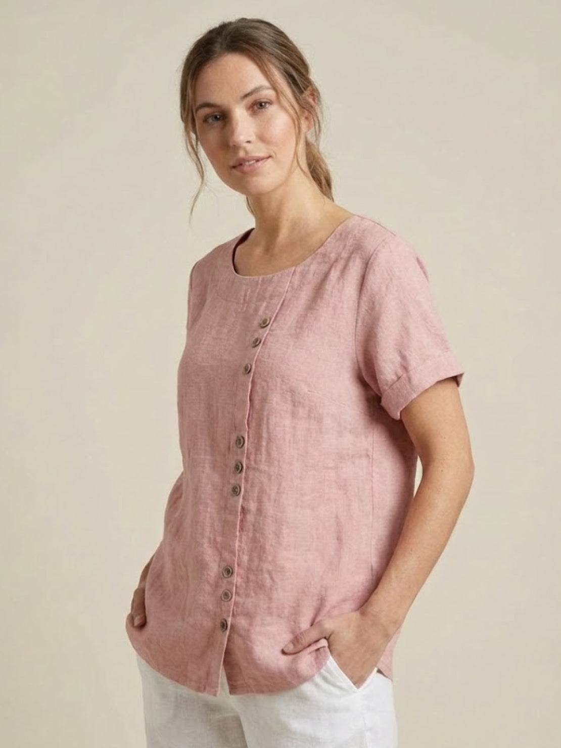 Women's Short Sleeve Scoop Neck Cotton Casual Beige