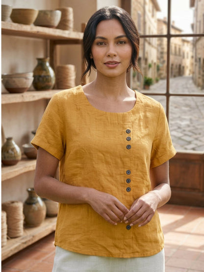 Women's Short Sleeve Scoop Neck Cotton Casual Beige