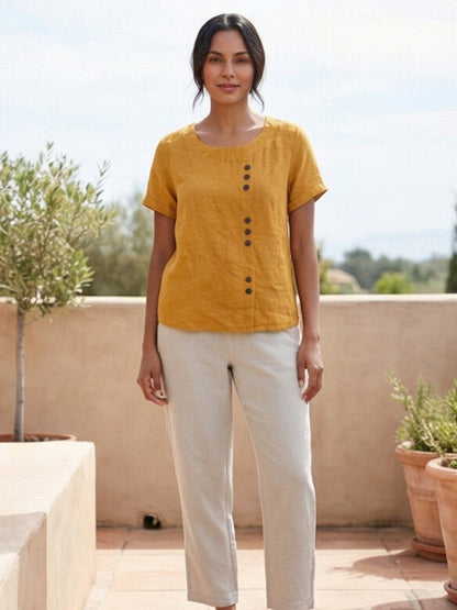 Women's Short Sleeve Scoop Neck Cotton Casual Beige