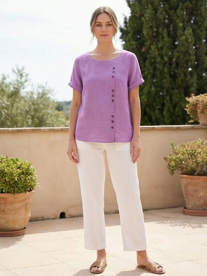Women's Short Sleeve Scoop Neck Cotton Casual Beige