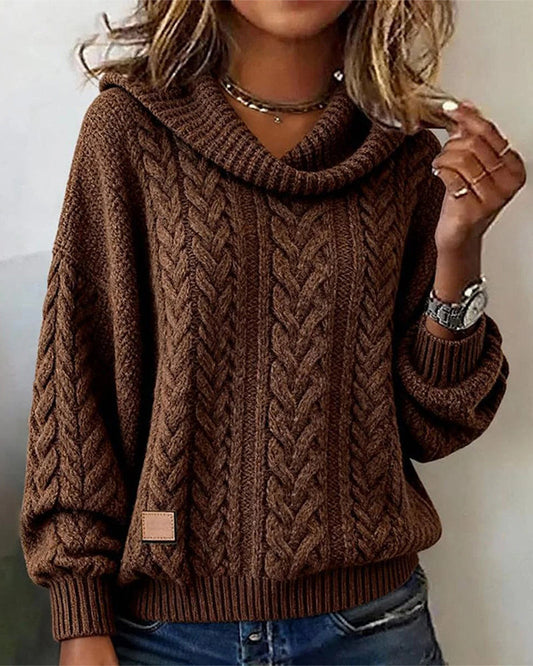 Women's Cable Knit Cowl Neck Sweater - Fashinoza