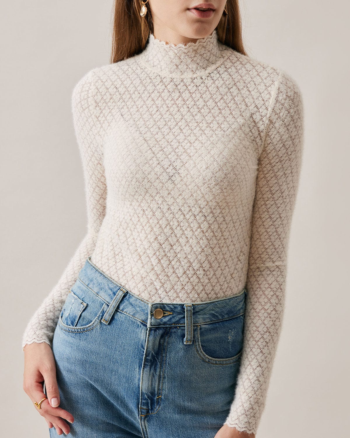 Women's Cashmere Turtleneck Sweater Lace Detail - 
Fashinoza