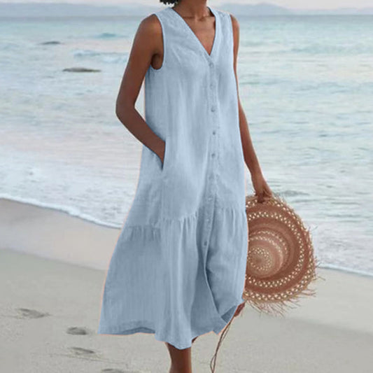 Women's Sleeveless Midi Dress Button Down Cotton - Fashinoza