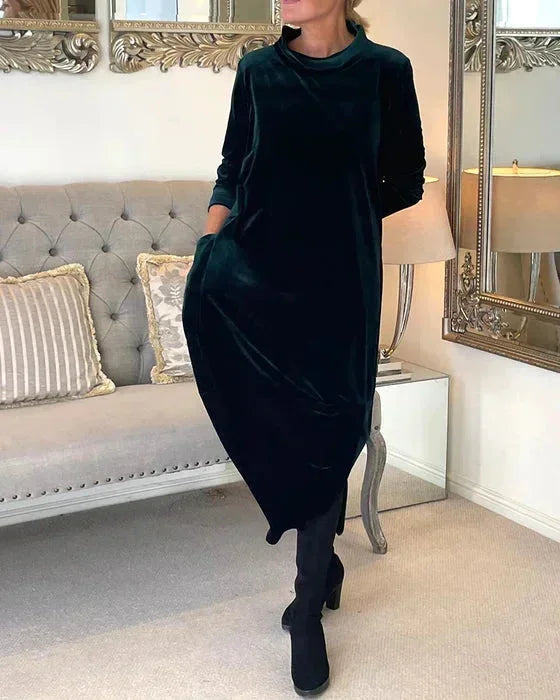 Women's Velvet Midi Dress With Pockets - 
Fashinoza
