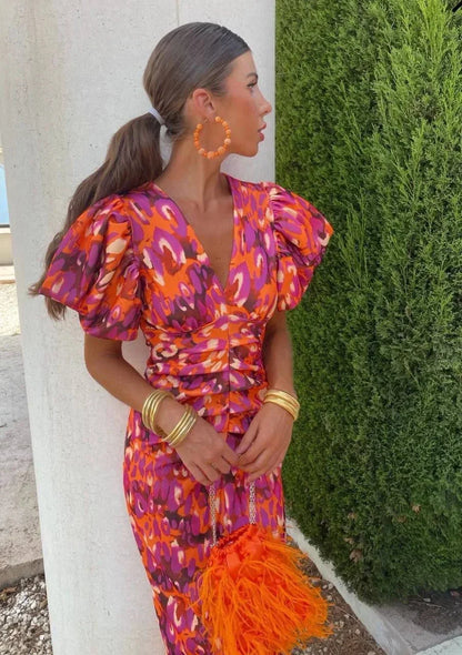Women's Midi Puff Sleeve V-Neck Dress