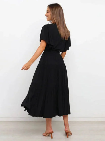 Women's Ruffle Midi Dress V-Neck Short Sleeves