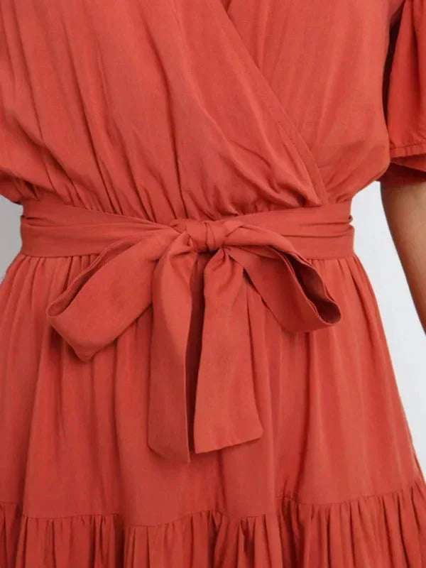 Women's Ruffle Midi Dress V-Neck Short Sleeves