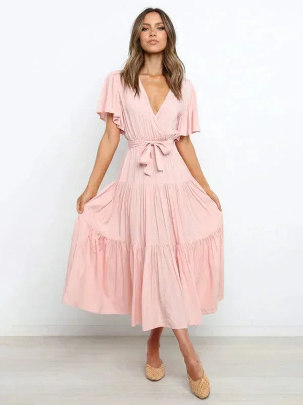 Women's Midi Dress Ruffled V-Neck Short Sleeves