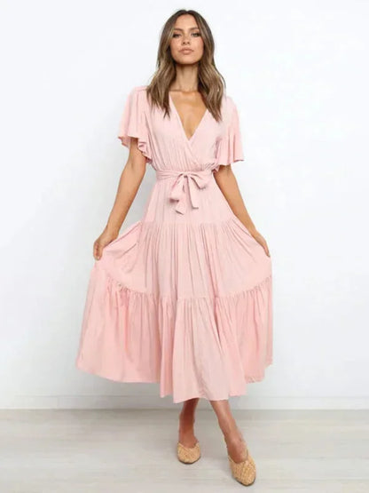 Women's Midi Dress Ruffled V-Neck Short Sleeves