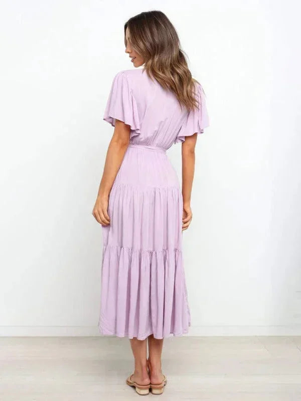 Women's Midi Dress Ruffled V-Neck Short Sleeves