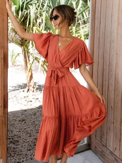 Women's Ruffle Midi Dress V-Neck Short Sleeves