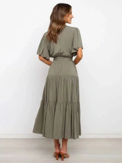 Women's Ruffle Midi Dress V-Neck Short Sleeves