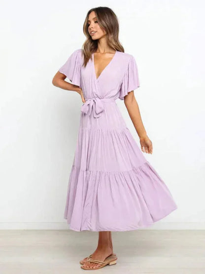 Women's Midi Dress Ruffled V-Neck Short Sleeves