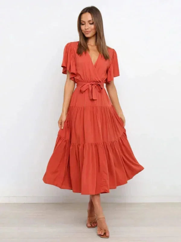 Women's Ruffle Midi Dress V-Neck Short Sleeves - 
Fashinoza