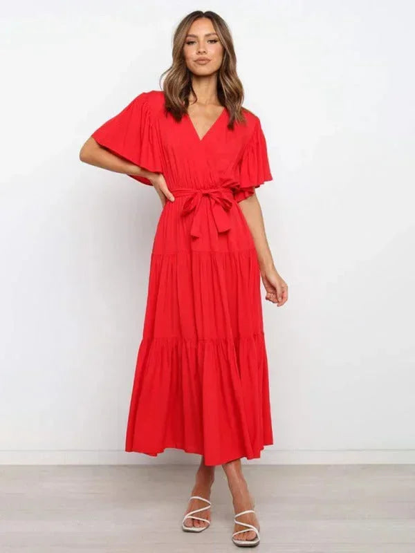 Women's Midi Dress Ruffled V-Neck Short Sleeves
