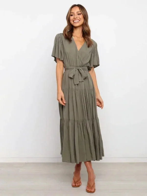 Women's Ruffle Midi Dress V-Neck Short Sleeves
