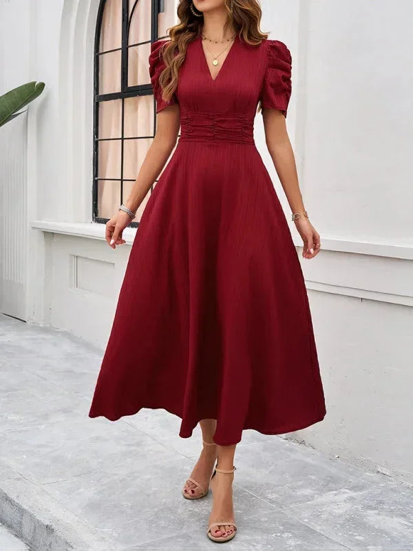 Women's Midi Dress V-Neck Puff Sleeves - 
Fashinoza