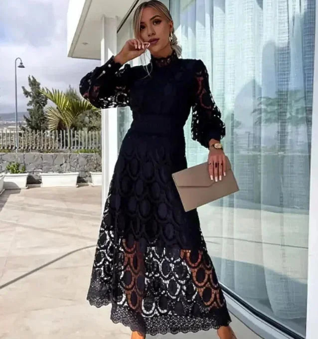 Women's Lace Midi Dress Long-Sleeved - 
Fashinoza