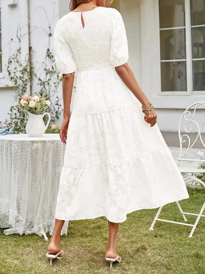 Women's Midi Dress Textured Short Sleeves Ruffles