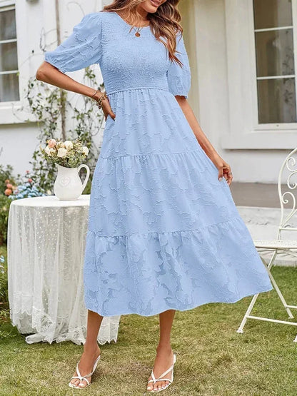 Women's Midi Dress Textured Short Sleeves Ruffles