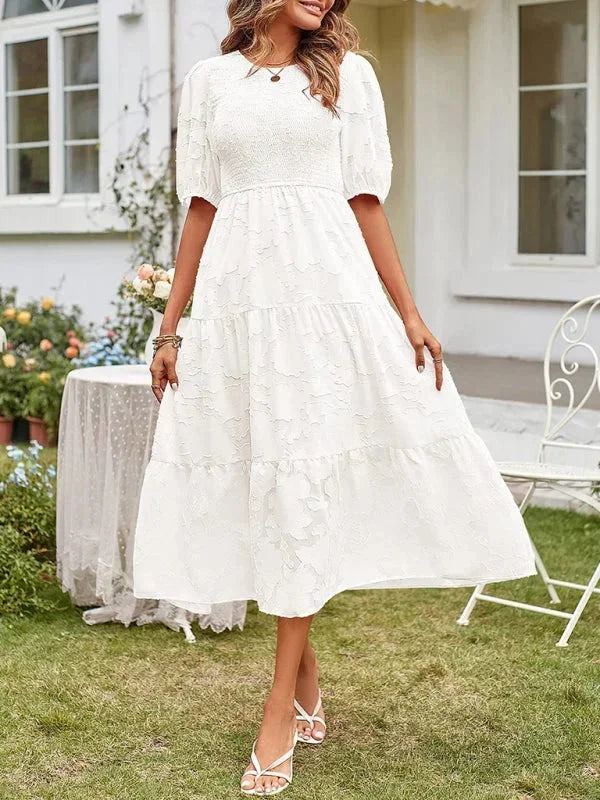 Women's Midi Dress Textured Short Sleeves Ruffles