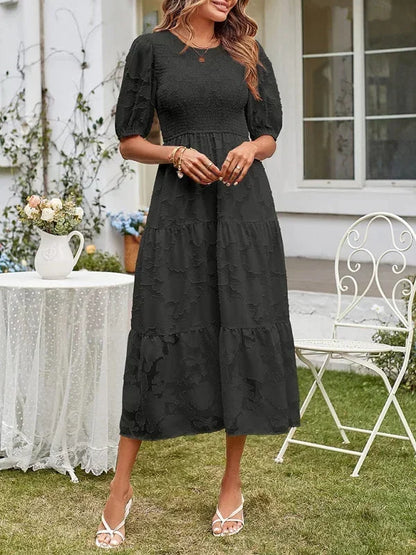 Women's Midi Dress Textured Short Sleeves Ruffles