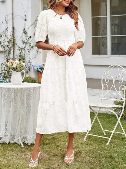 Women's Midi Dress Textured Short Sleeves Ruffles